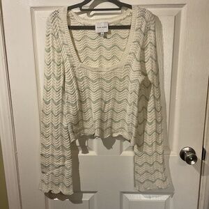 Pink Rose Long Sleeve White Knit Cropped Sweater with Sage Green Stripes